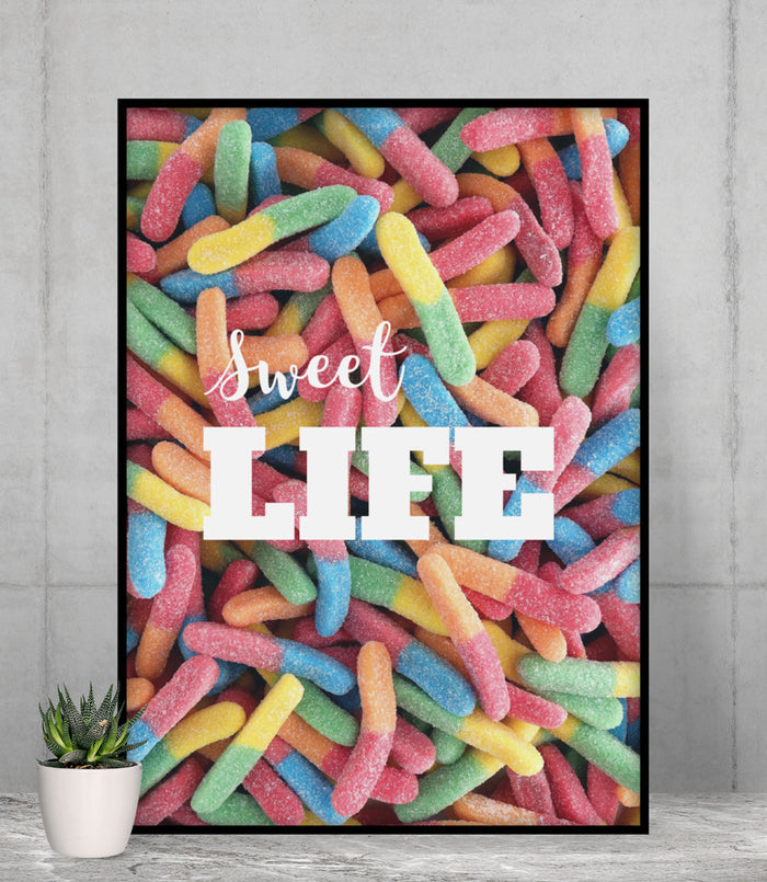 Gummy Candy Poster, Indulge in the Delightful World of Sweetness: pink, red multicolored gummy worm candy, colorful playful c