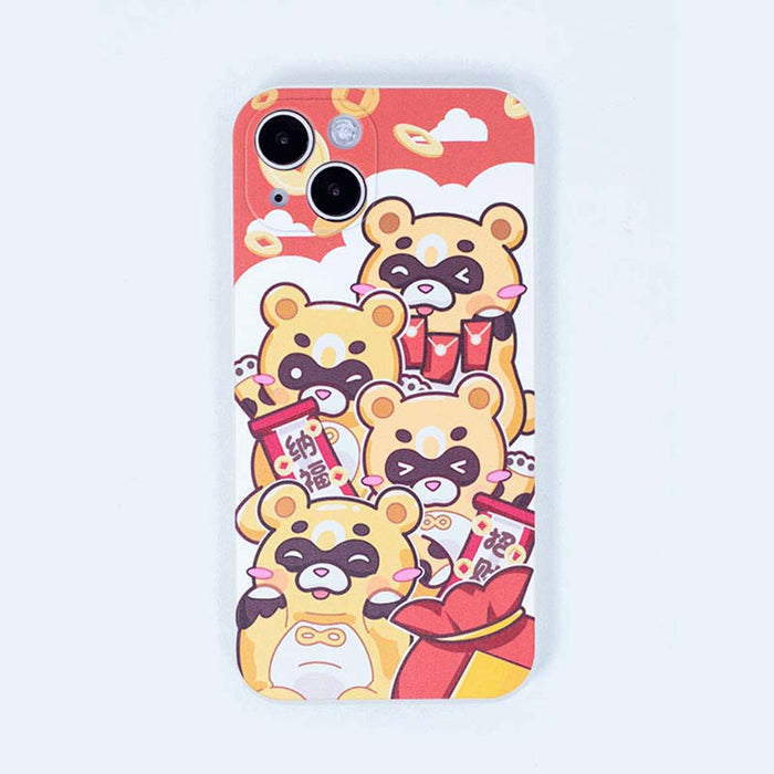 Guoba Lunar New Year Phone Case: red, yellow cartoon bear characters, kawaii cartoon style