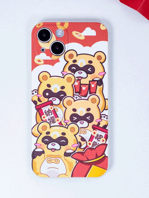 Guoba Lunar New Year Phone Case: red, yellow cartoon bear characters, kawaii cartoon style