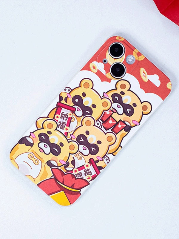 Guoba Lunar New Year Phone Case: red, yellow cartoon bear characters, kawaii cartoon style