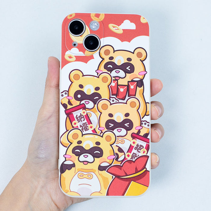 Guoba Lunar New Year Phone Case: red, yellow cartoon bear characters, kawaii cartoon style