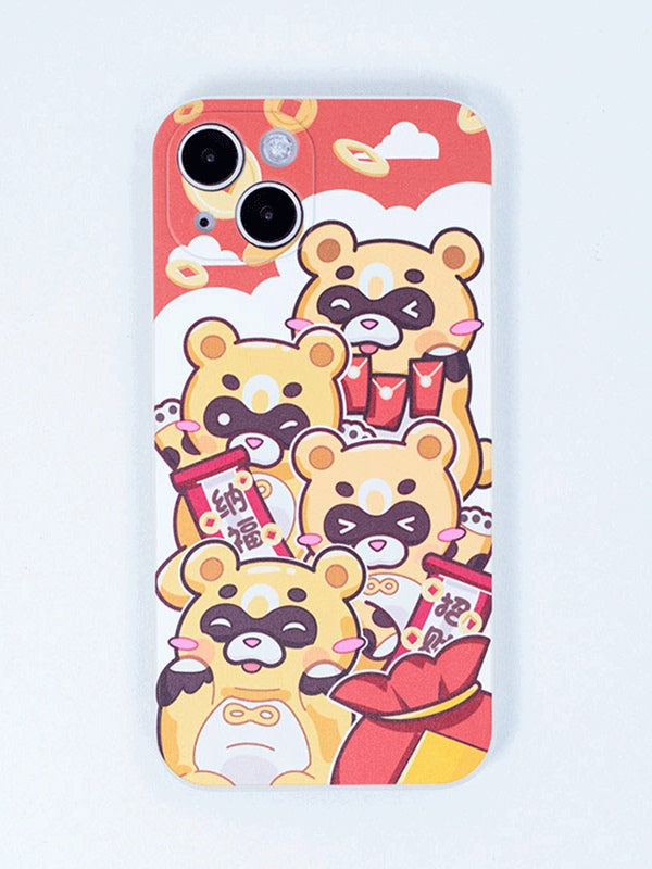 Guoba Lunar New Year Phone Case: red, yellow cartoon bear characters, kawaii cartoon style