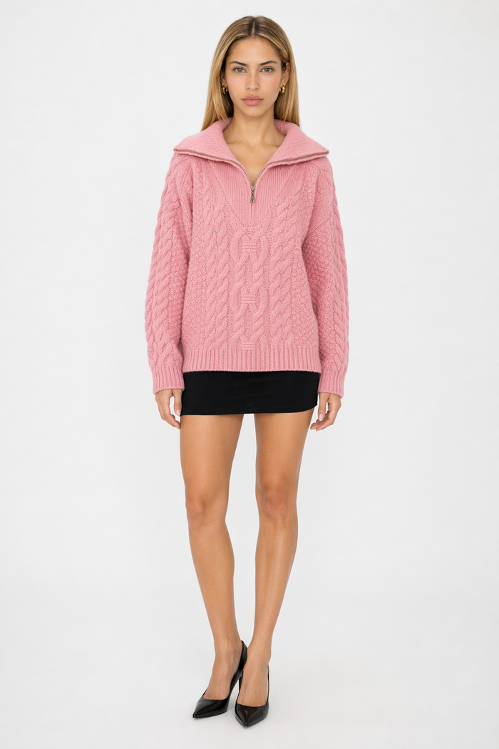 Half-Zip Cable Knit Sweater for Women Pink