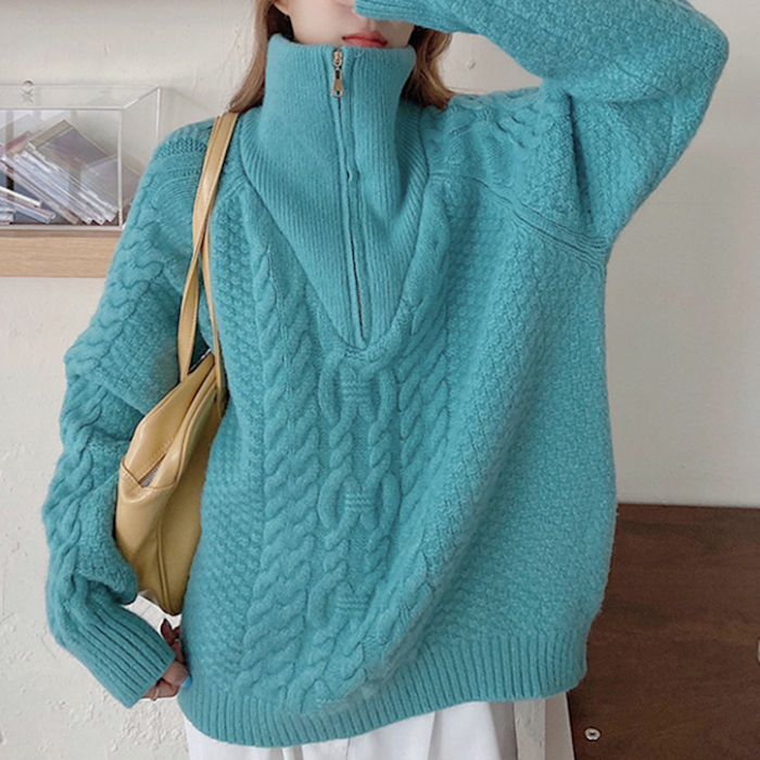 Half-Zip Cable Knit Sweater for Women: teal blue, beige quarter-zip knit sweater, casual cozy style