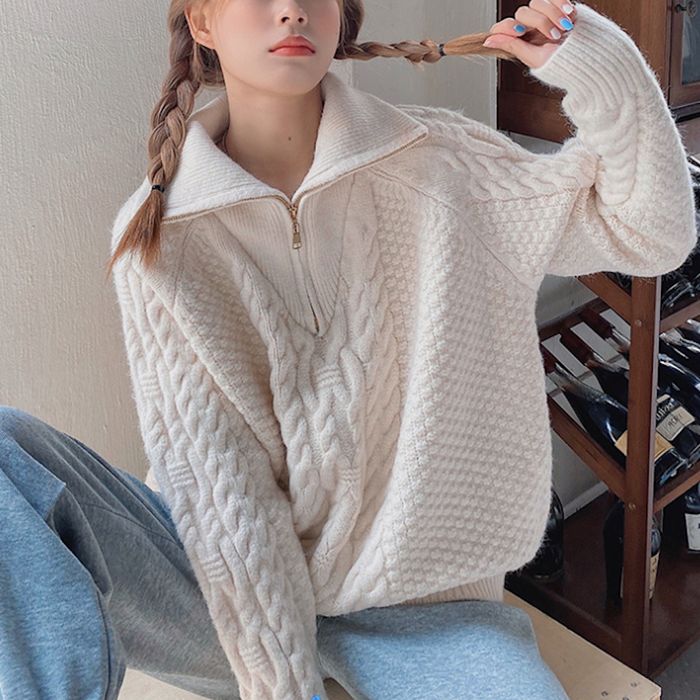 Half-Zip Cable Knit Sweater for Women: teal blue, beige quarter-zip knit sweater, casual cozy style