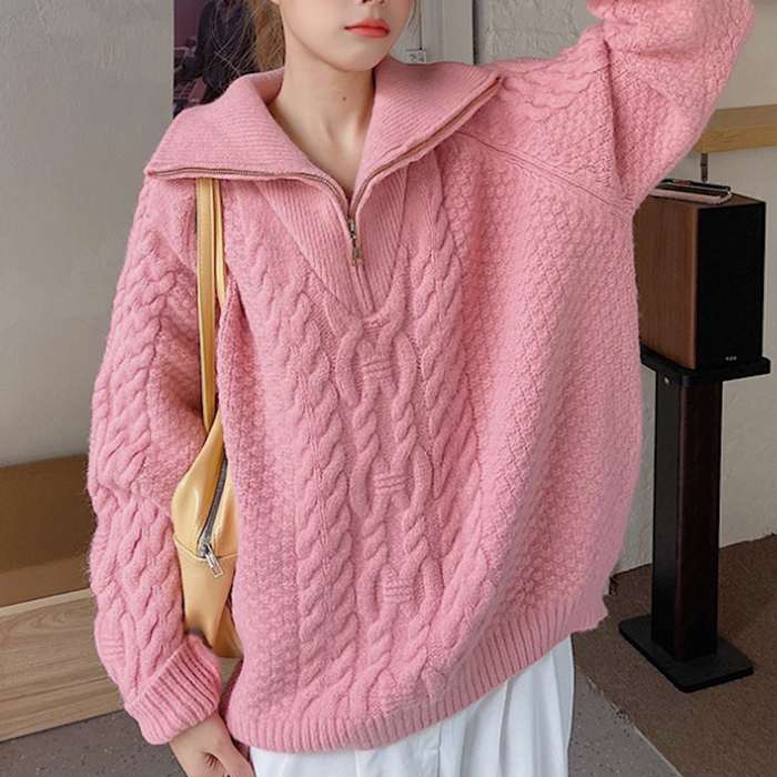 Half-Zip Cable Knit Sweater for Women: teal blue, beige quarter-zip knit sweater, casual cozy style