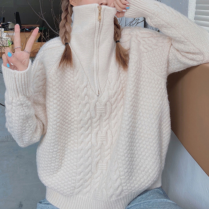 Half-Zip Cable Knit Sweater for Women: teal blue, beige quarter-zip knit sweater, casual cozy style