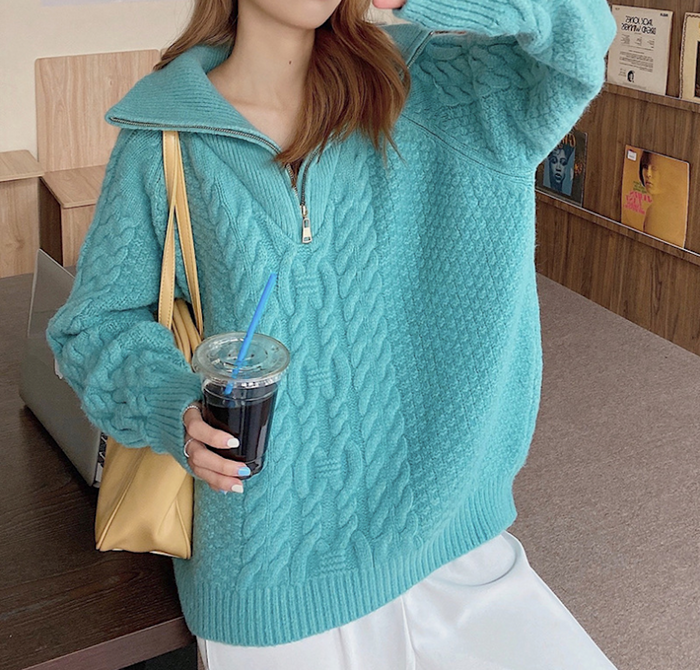 Half-Zip Cable Knit Sweater for Women: teal blue, beige quarter-zip knit sweater, casual cozy style