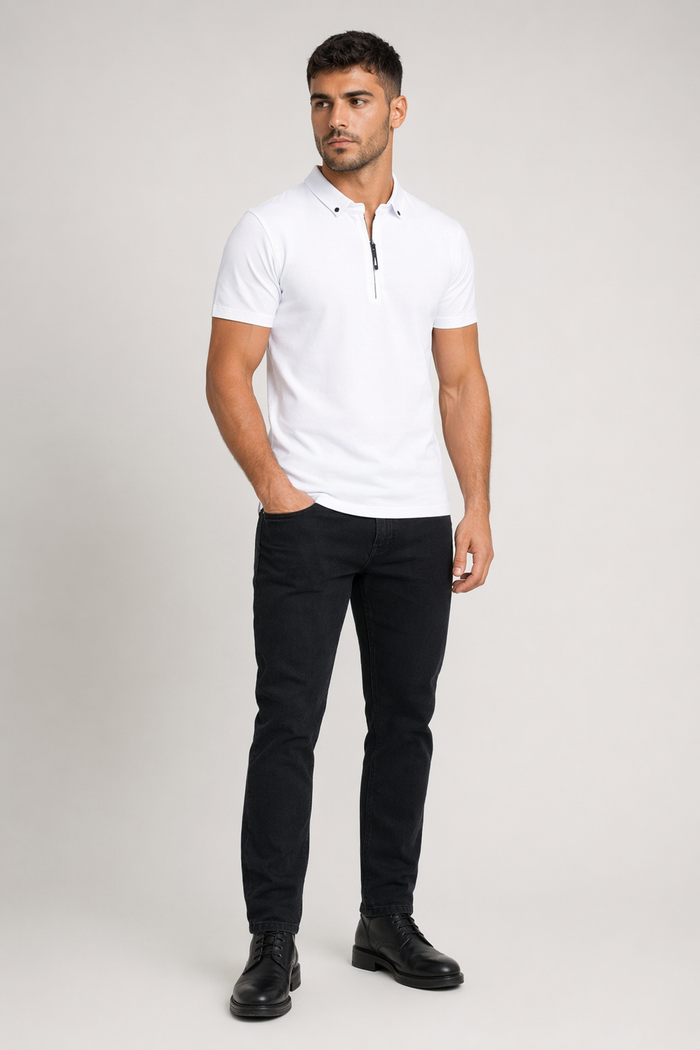 Half-Zip Polo Shirt for Men featuring Collar Embellishments White