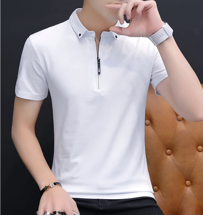 Half-Zip Polo Shirt for Men featuring Collar Embellishments: white, black short-sleeve zip polo shirt, minimal style