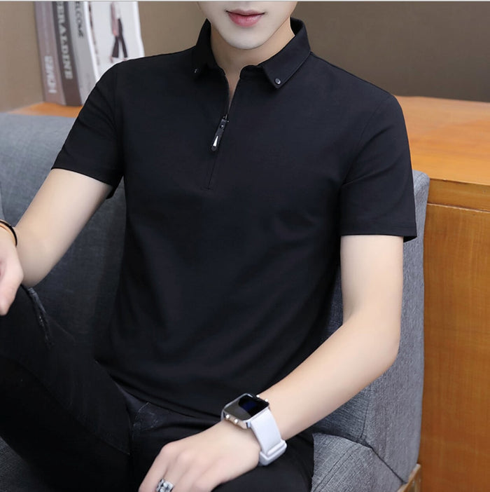 Half-Zip Polo Shirt for Men featuring Collar Embellishments: white, black short-sleeve zip polo shirt, minimal style