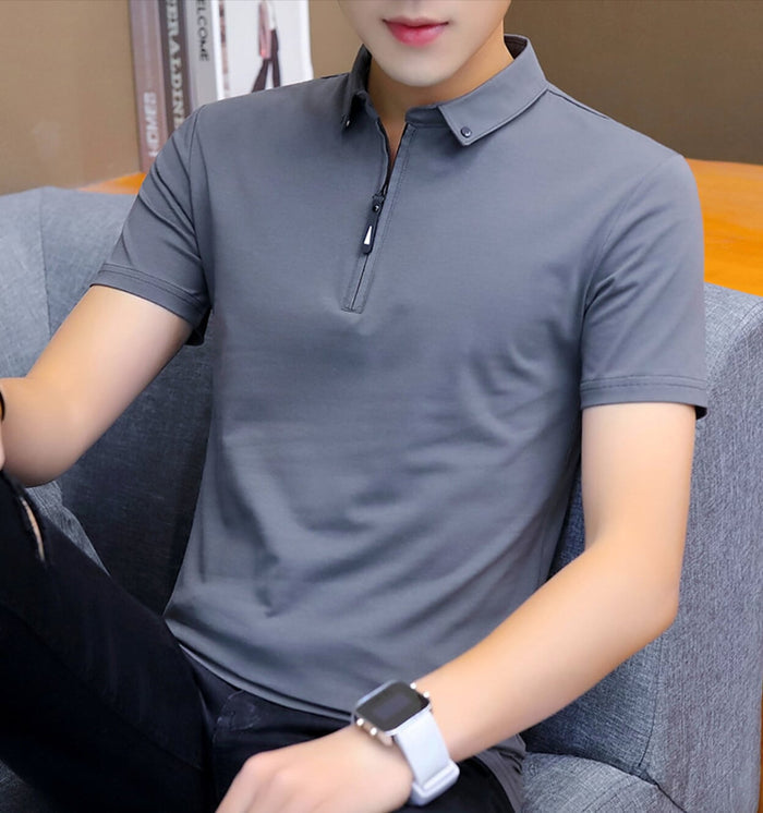 Half-Zip Polo Shirt for Men featuring Collar Embellishments: white, black short-sleeve zip polo shirt, minimal style