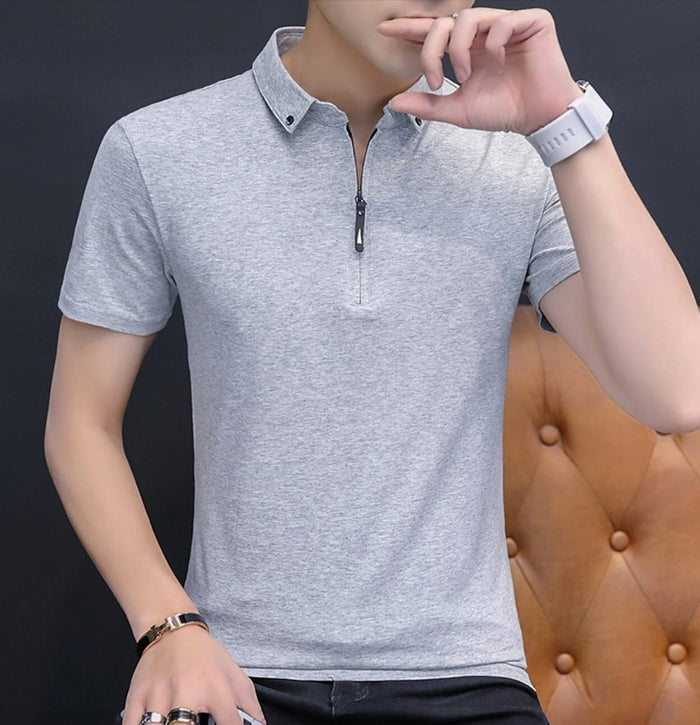 Half-Zip Polo Shirt for Men featuring Collar Embellishments: white, black short-sleeve zip polo shirt, minimal style