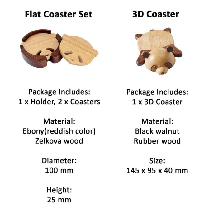 Handcrafted Panda Coaster Set with Stand: light natural wood, dark brown wood animal-like character shapes, minimal cartoon s