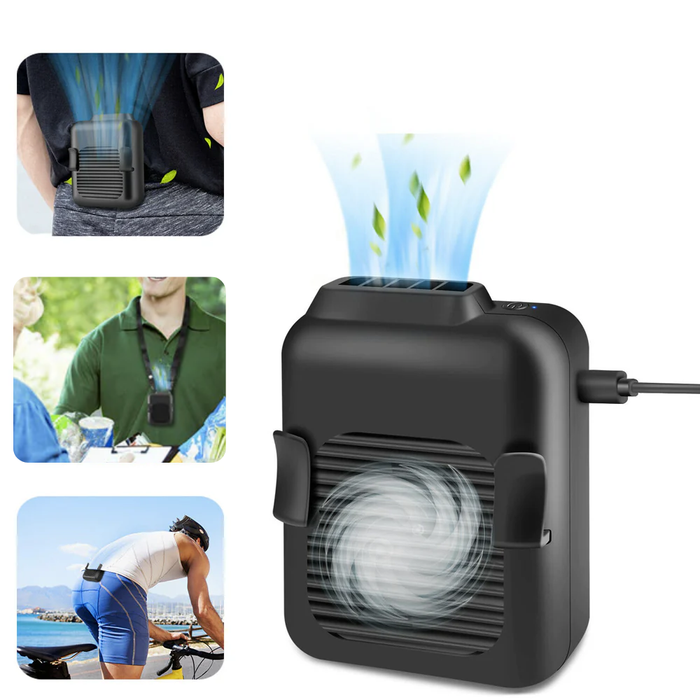 Handsfree Waist Clip Cooling Fan, Portable and Compact: white, blue cycling outfit and bicycle, sporty athletic style