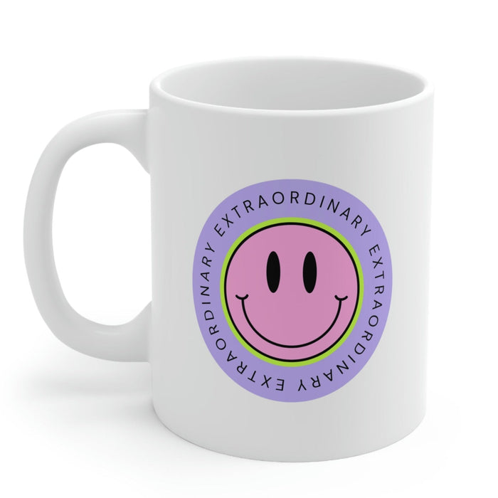Happy Face Extraordinary Coffee Tea Mug: white, purple smiley face graphic with "EXTRAORDINARY" text, cartoon, cheerful style