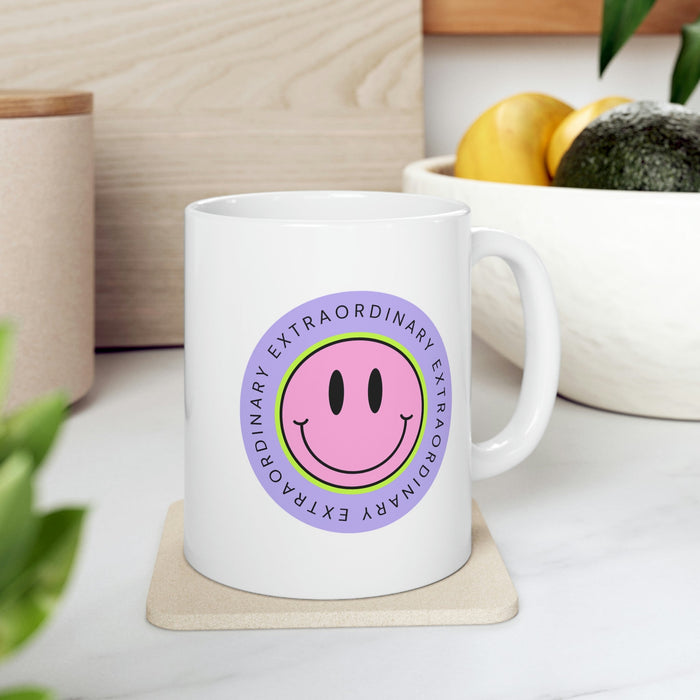 Happy Face Extraordinary Coffee Tea Mug: white, purple smiley face graphic with "EXTRAORDINARY" text, cartoon, cheerful style