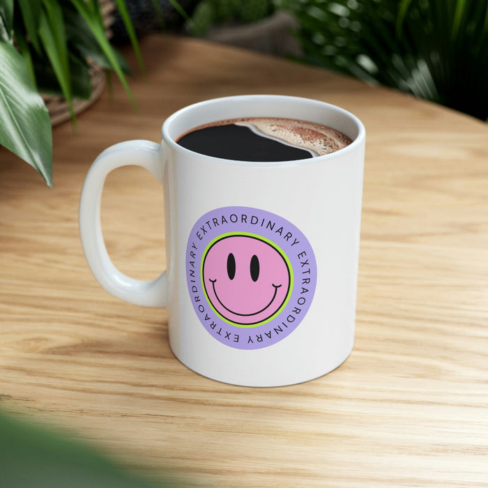 Happy Face Extraordinary Coffee Tea Mug: white, purple smiley face graphic with "EXTRAORDINARY" text, cartoon, cheerful style