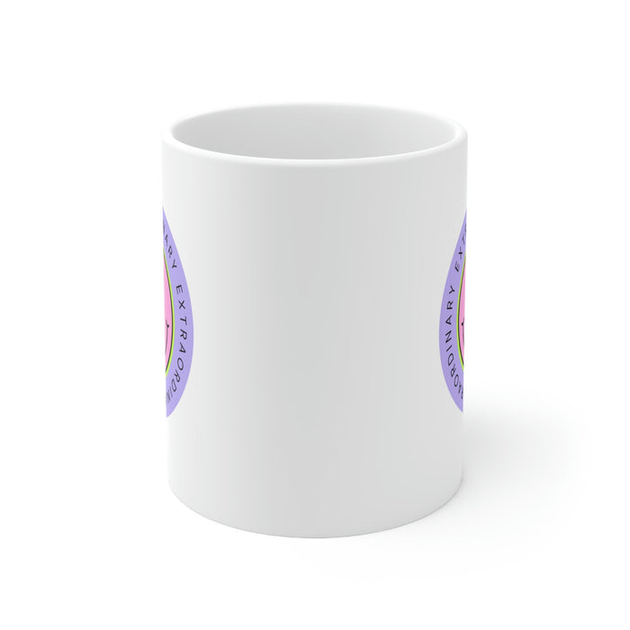 Happy Face Extraordinary Coffee Tea Mug: white, purple smiley face graphic with "EXTRAORDINARY" text, cartoon, cheerful style