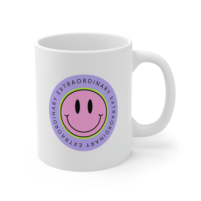 Happy Face Extraordinary Coffee Tea Mug: white, purple smiley face graphic with "EXTRAORDINARY" text, cartoon, cheerful style