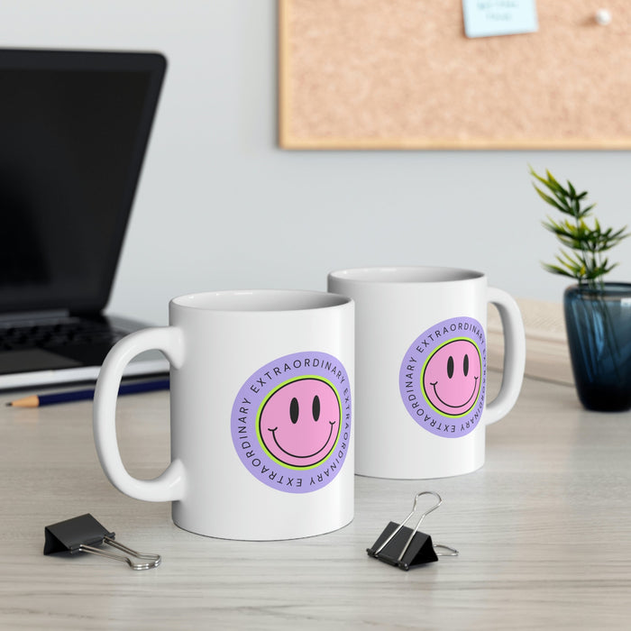 Happy Face Extraordinary Coffee Tea Mug: white, purple smiley face graphic with "EXTRAORDINARY" text, cartoon, cheerful style