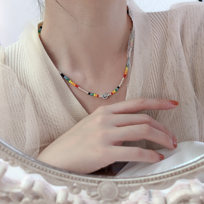 Happy Face Women's Beaded Necklace in Vibrant Colors: silver, multicolor smiley face, playful, colorful style