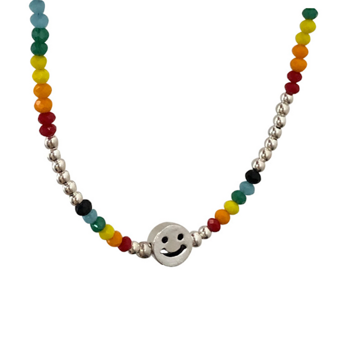 Happy Face Women's Beaded Necklace in Vibrant Colors: silver, multicolor smiley face, playful, colorful style