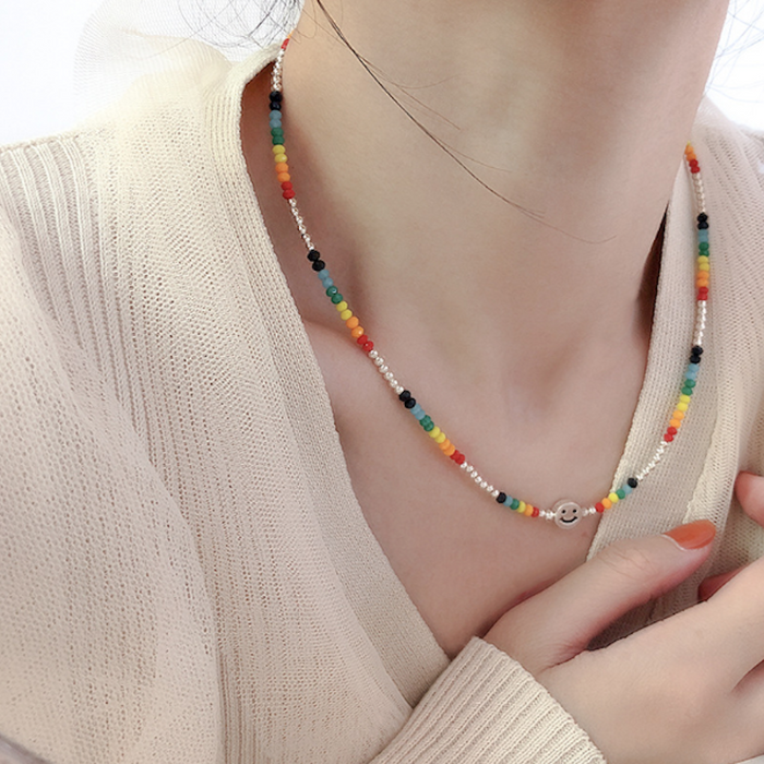 Happy Face Women's Beaded Necklace in Vibrant Colors: silver, multicolor smiley face, playful, colorful style