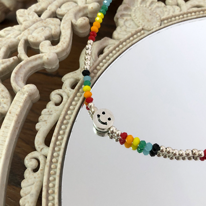 Happy Face Women's Beaded Necklace in Vibrant Colors: silver, multicolor smiley face, playful, colorful style