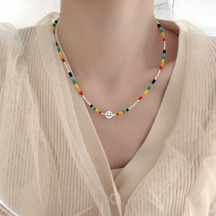 Happy Face Women's Beaded Necklace in Vibrant Colors: silver, multicolor smiley face, playful, colorful style