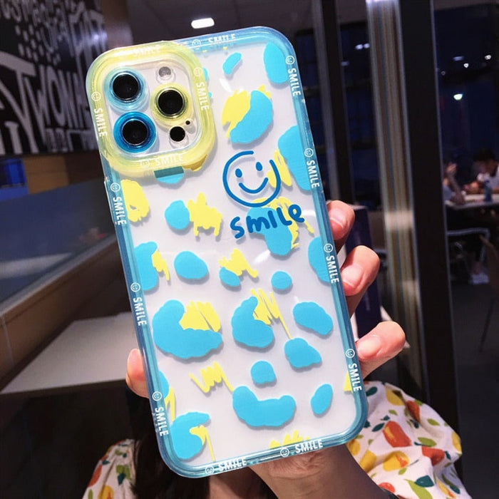 Happy Smile Cartoon Splash Paint iPhone Case: transparent, turquoise blue smiley face theme, playful cartoon kawaii style