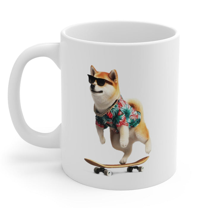 Hawaiian Shirt Shiba Inu Mug: white, tan Shiba Inu dog, cartoon-like novelty graphic style