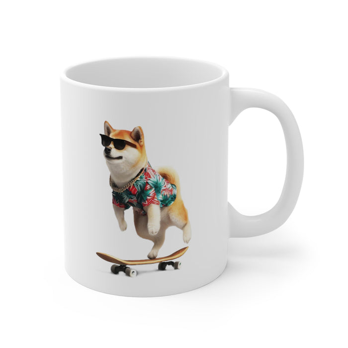 Hawaiian Shirt Shiba Inu Mug: white, tan Shiba Inu dog, cartoon-like novelty graphic style