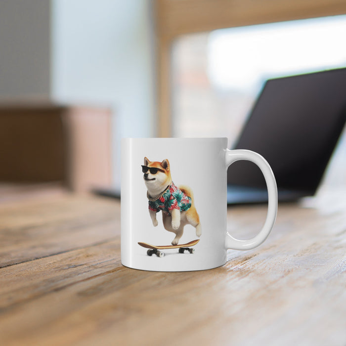 Hawaiian Shirt Shiba Inu Mug: white, tan Shiba Inu dog, cartoon-like novelty graphic style