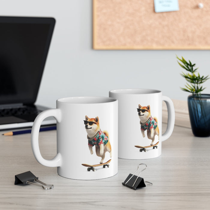 Hawaiian Shirt Shiba Inu Mug: white, tan Shiba Inu dog, cartoon-like novelty graphic style