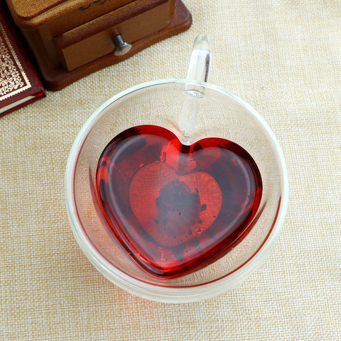 Heart Glass Cup with Double Wall: translucent red, clear heart, minimal decorative style