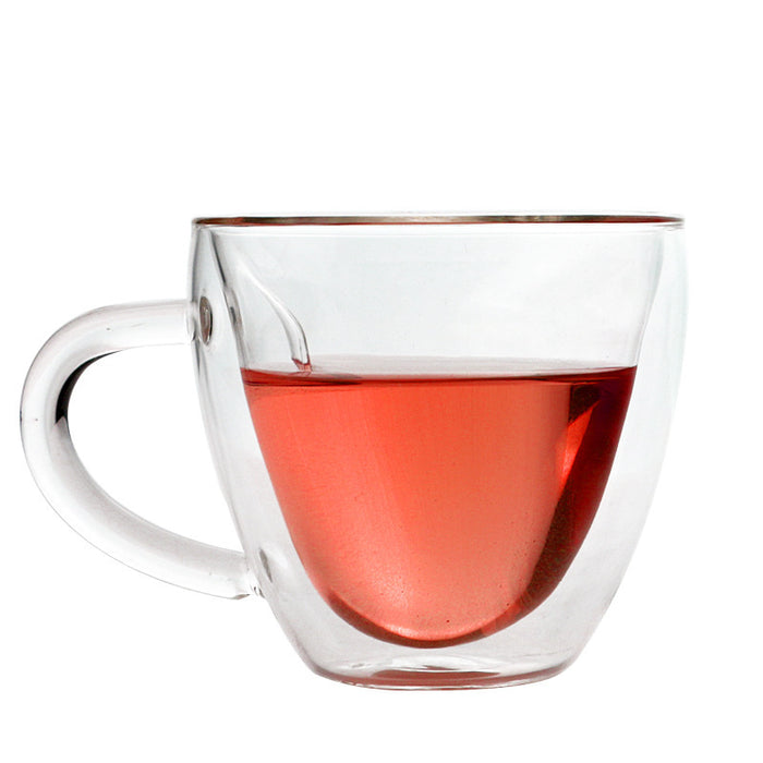 Heart Glass Cup with Double Wall: translucent red, clear heart, minimal decorative style