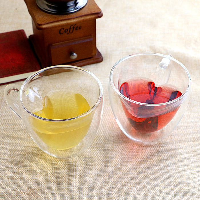 Heart Glass Cup with Double Wall: translucent red, clear heart, minimal decorative style