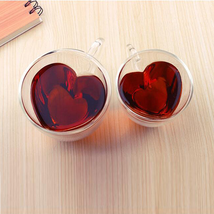 Heart Glass Cup with Double Wall: translucent red, clear heart, minimal decorative style