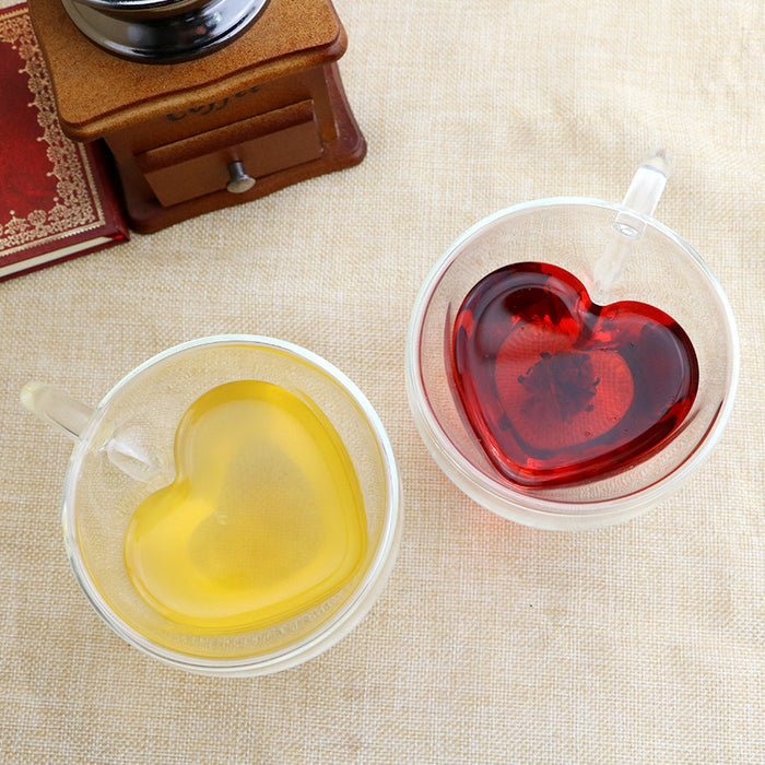 Heart Glass Cup with Double Wall: translucent red, clear heart, minimal decorative style