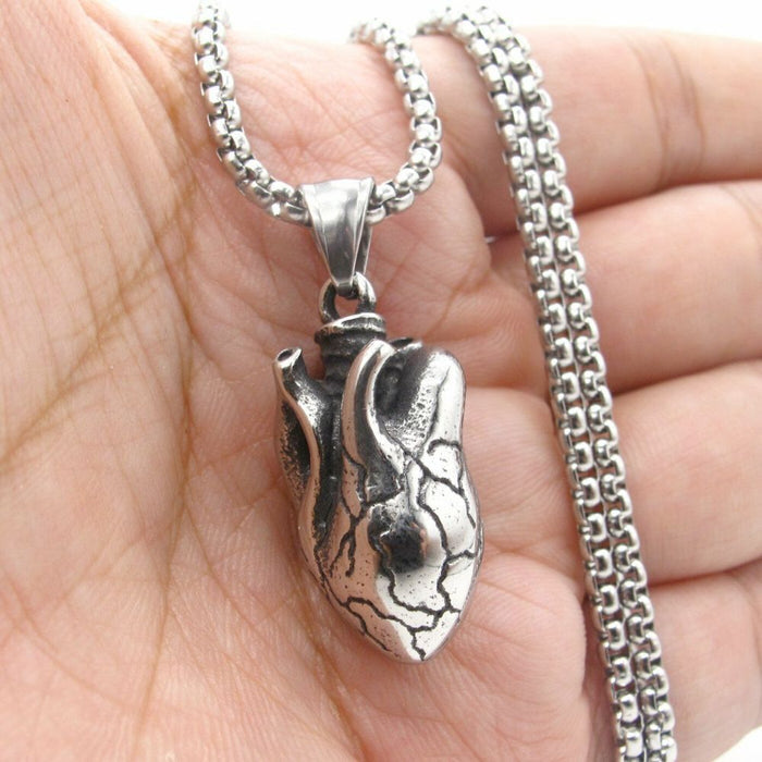 Heart Pendant Necklace, Showcase Your Love for Anatomy!: silver, dark gray anatomical human heart, realistic anatomical style