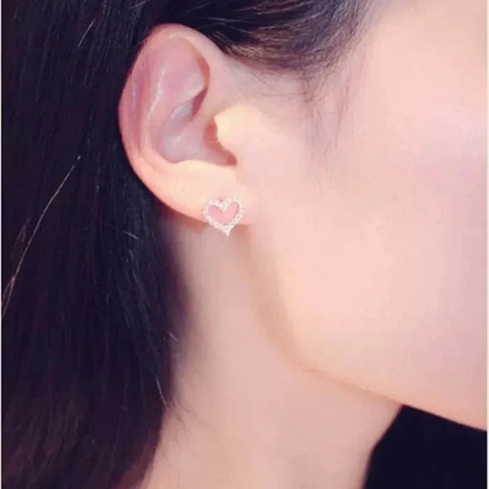 Heart-shaped Sparkling Stud Earrings: silver, clear/white heart, delicate, minimalist, romantic style