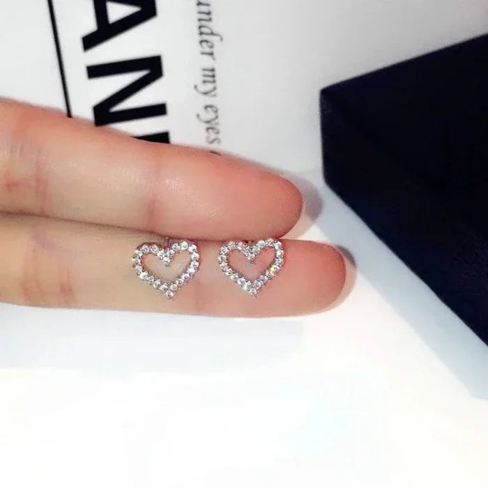 Heart-shaped Sparkling Stud Earrings: silver, clear/white heart, delicate, minimalist, romantic style