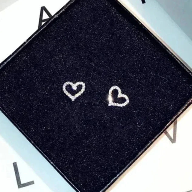 Heart-shaped Sparkling Stud Earrings: silver, clear/white heart, delicate, minimalist, romantic style