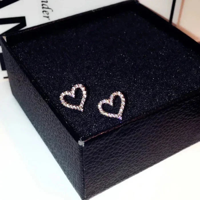 Heart-shaped Sparkling Stud Earrings: silver, clear/white heart, delicate, minimalist, romantic style