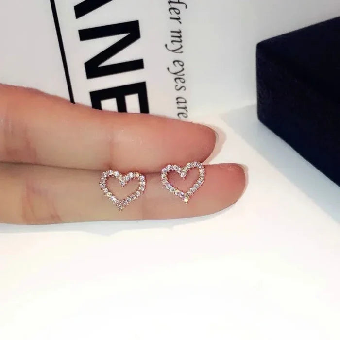 Heart-shaped Sparkling Stud Earrings: silver, clear/white heart, delicate, minimalist, romantic style