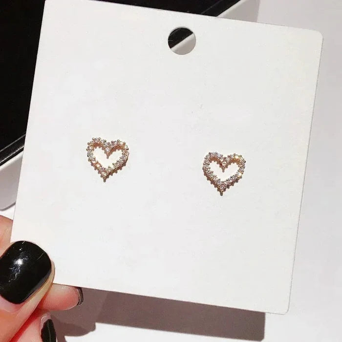 Heart-shaped Sparkling Stud Earrings: silver, clear/white heart, delicate, minimalist, romantic style