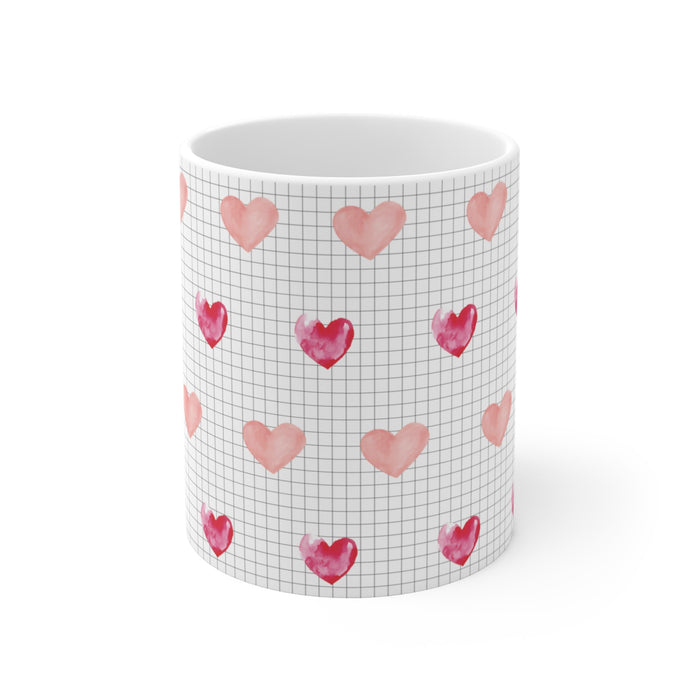 Heartfelt Float Logo Cup: white, light pink heart theme, cute minimalist style