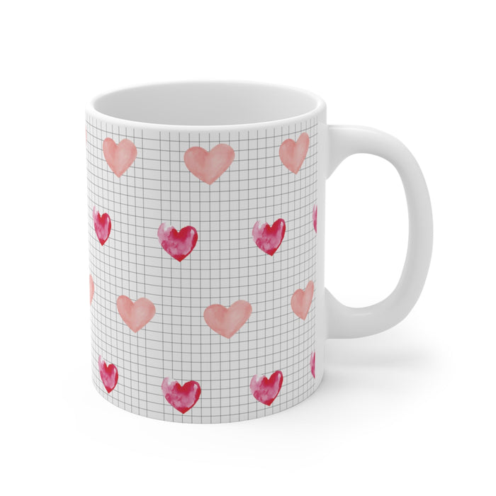 Heartfelt Float Logo Cup: white, light pink heart theme, cute minimalist style