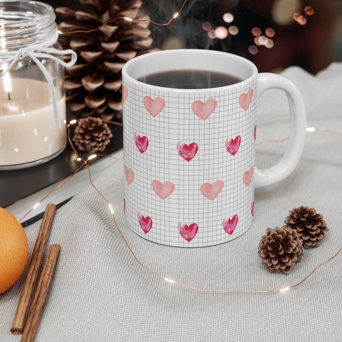 Heartfelt Float Logo Cup: white, light pink heart theme, cute minimalist style